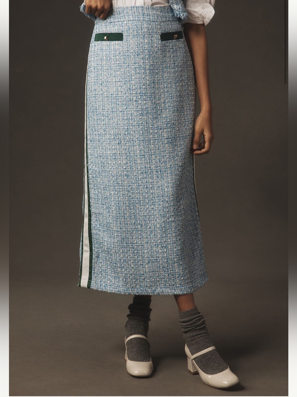 Maeve Light Blue Tweed Midi Skirt with Side Stripe